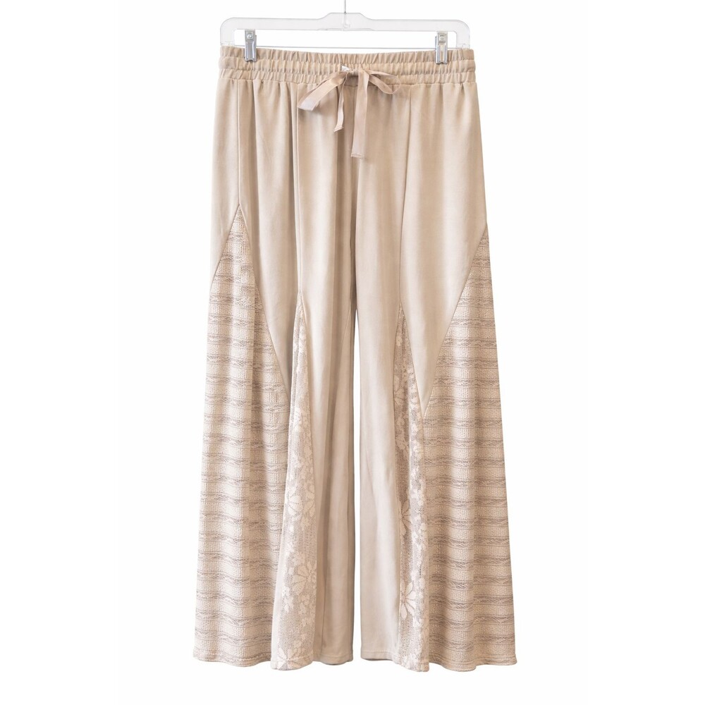 Tan Wide Leg Pants Lace Panel Boho Palazzo L Dressy and Elegant